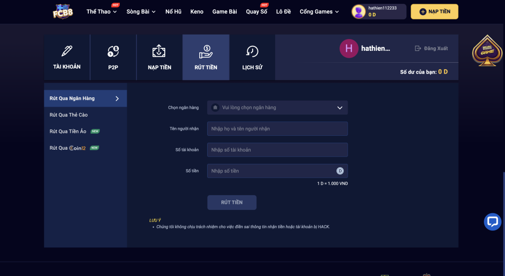 Các yêu cầu cần đáp ứng trước khi rút tiền tại FCB8